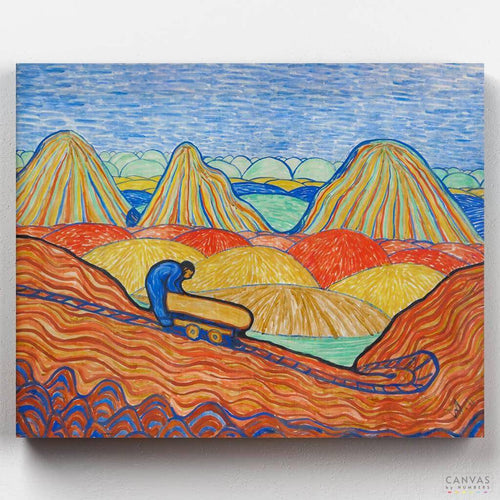 Clay Worker with a Yellow Cart. Unfold a tale of labor and artistry with 'Clay Worker with a Yellow Cart' paint by numbers, channeling Wilhelm Morgner's brilliance in every stroke.