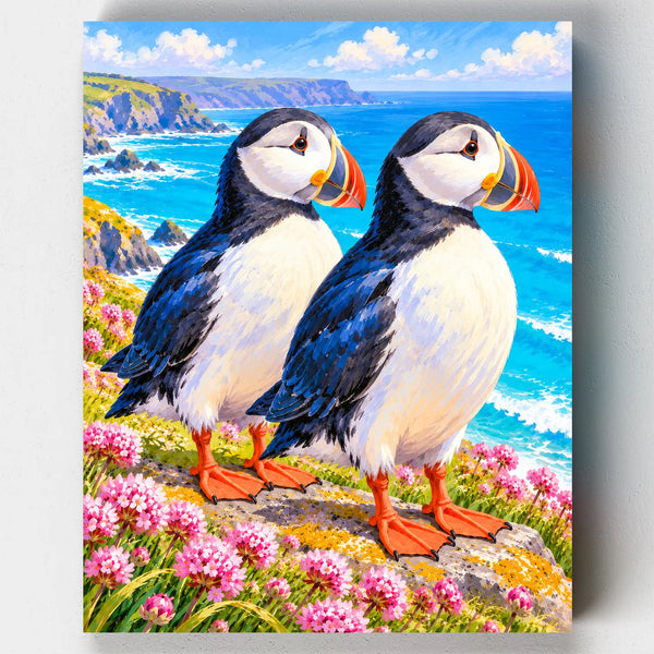Clifftop Gossip paint by numbers kit with two puffins on a flowered cliff above the sea