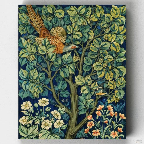 Cock Pheasant (1916). A colorful pheasant surrounded by trees, leaves, and flowers makes a beautiful paint by numbers. Enjoy original tapestry artwork by Morris & Co at CBN!