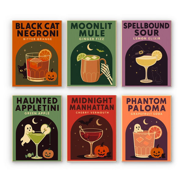 Cocktail Hour Hauntings mini paint by numbers set showing all six Halloween designs