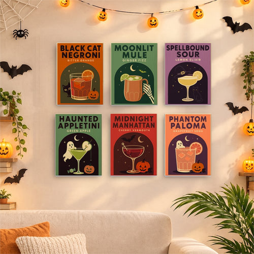 Cocktail Hour Hauntings mini canvases displayed together in a cozy Halloween living room