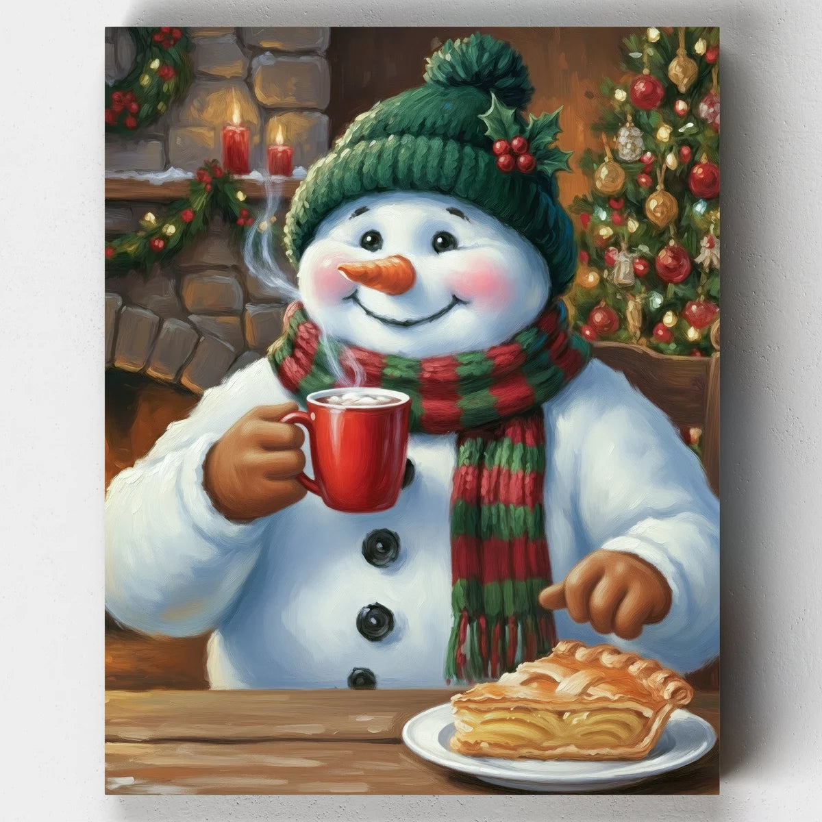 Cute snowman enjoying a warm mug of cocoa beside a slice of pie, wearing a green knit hat and striped scarf in a cozy Christmas setting with festive decorations and a glowing fireplace.