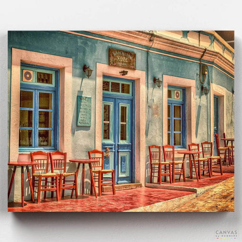 Coffee Shop Painting by Numbers. Bring the rustic charm of a Greek café into your home with Canvas by Number's Coffee Shop Painting, inspired by Thomas Sondermann's painting masterpiece.