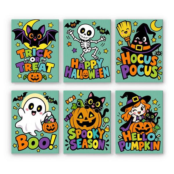 Comic Pop Lettering mini paint by numbers set showing all six Halloween designs
