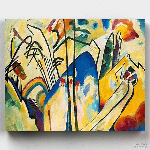 Composition IV. Composition IV by Kandinsky is a special paint by numbers that whispers as you paint it. Feel the colors and strokes of this pioneer!