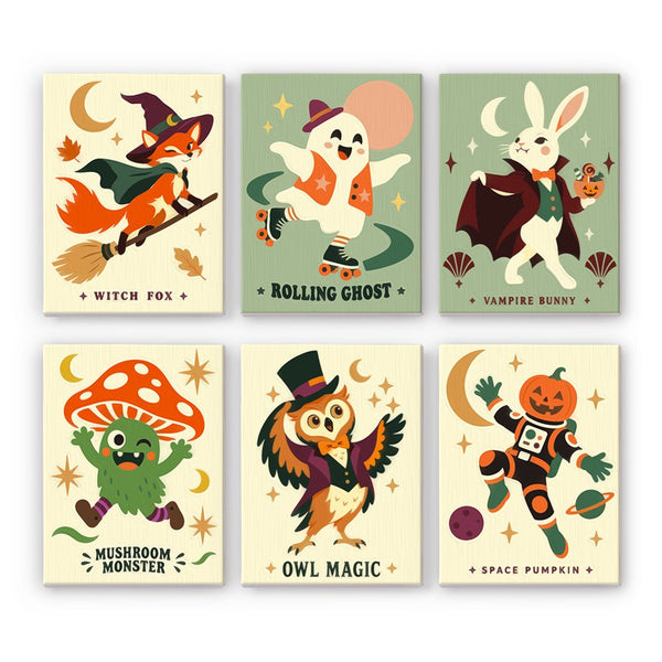 Cosmic Critter Costumes mini paint by numbers set showing all six Halloween designs