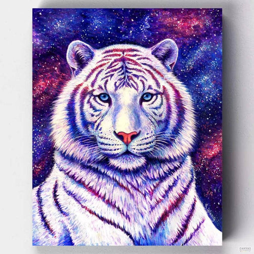 Cosmic White Tiger. This paint by numbers kit features a tiger, a symbol of strength and power, and is set against a cosmic background, making for a truly eye-catching piece.