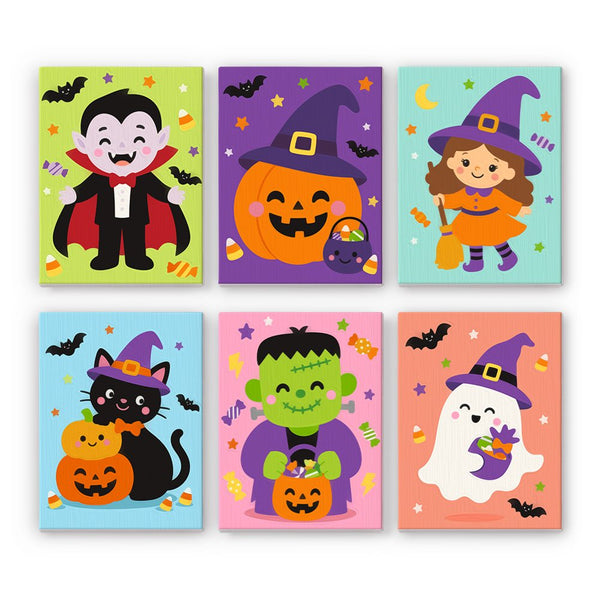 Costume Party Kids mini paint by numbers set showing all six Halloween designs