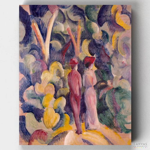 Couple on the Forest Track. Discover love and nature intertwined in 'Couple on the Forest Track' paint by numbers, channeling the evocative art of August Macke.
