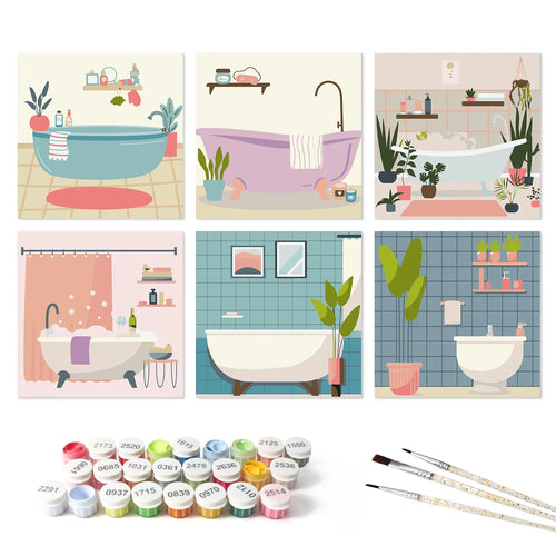 Cozy Bathroom Scenes mini paint by numbers set mockup