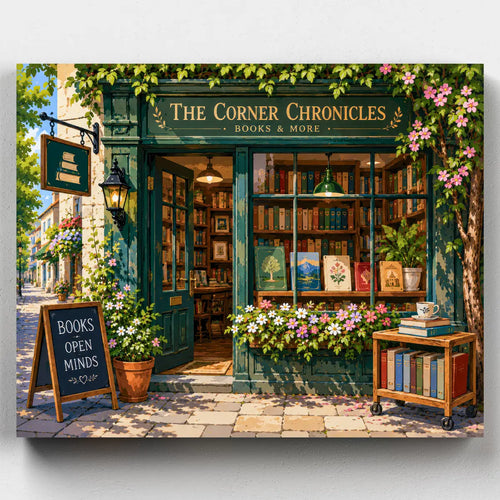 Illustration of a quaint bookstore named 'The Corner Chronicles' with flowers and a signboard.