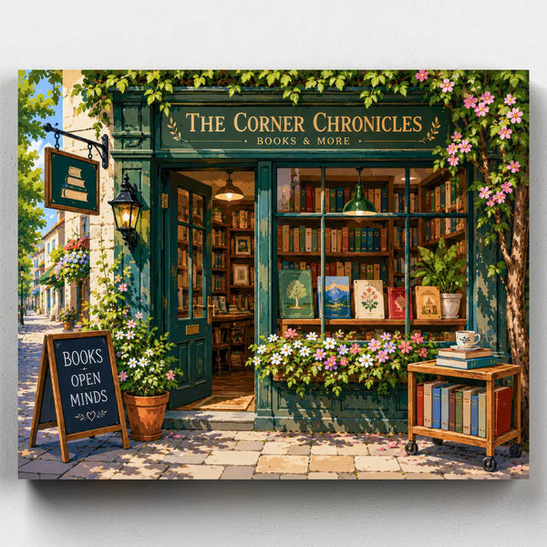Illustration of a quaint bookstore named 'The Corner Chronicles' with flowers and a signboard.