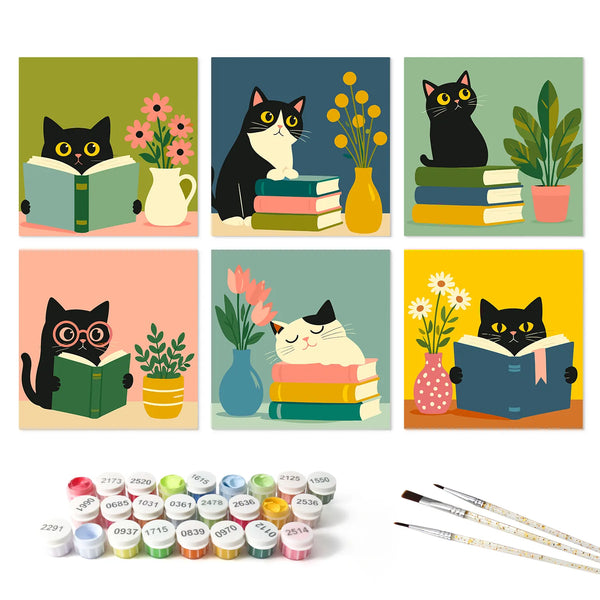 Cozy Reading Cats mini paint by numbers set mockup