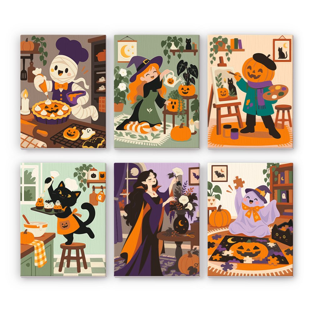 Crafty Creatures at Home mini paint by numbers set showing all six Halloween designs