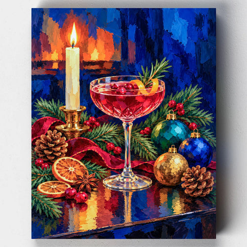 Cranberry Midnight. A cranberry cocktail, candle, oranges and ornaments in bold strokes in this Christmas still life paint by numbers kit.