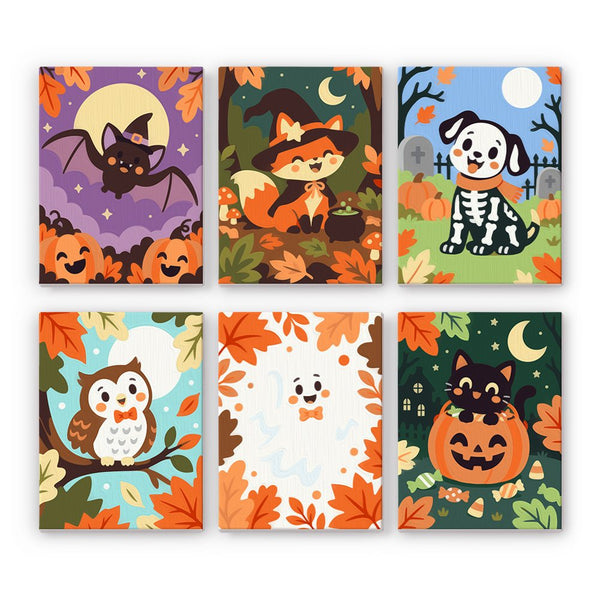 Critters in Costume mini paint by numbers set showing all six Halloween designs
