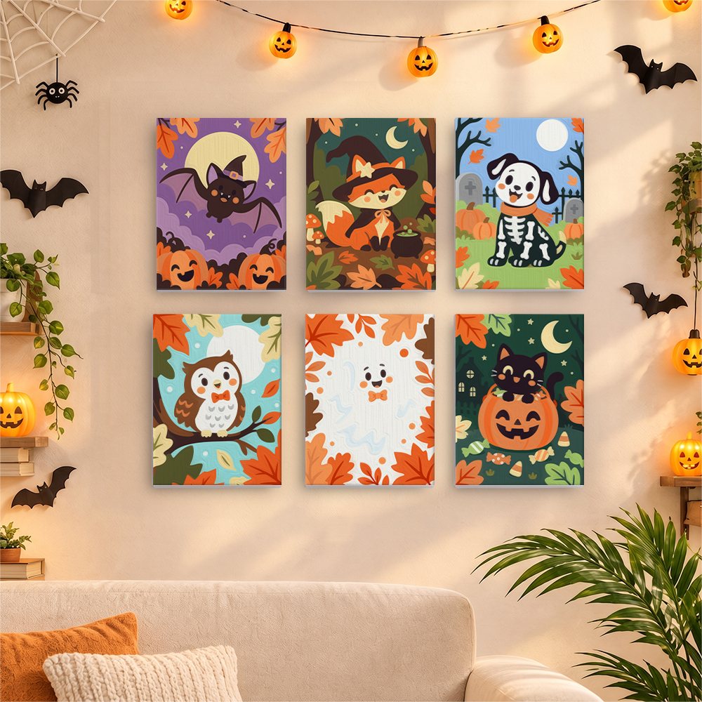 Critters in Costume mini canvases displayed together in a cozy Halloween living room