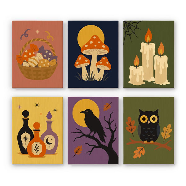Crow & Candlelight mini paint by numbers set showing all six Halloween designs