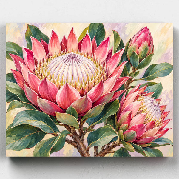 Crown of the Cape paint by numbers kit with two large pink protea flowers and sage green leaves