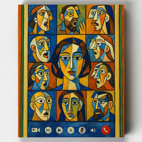 Colorful abstract painting of faces on a videocall