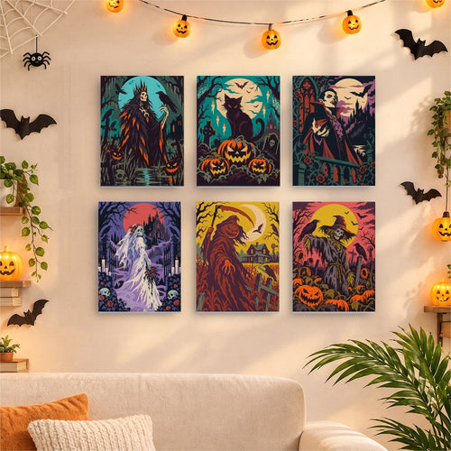 Cursed Fields mini canvases displayed together in a cozy Halloween living room