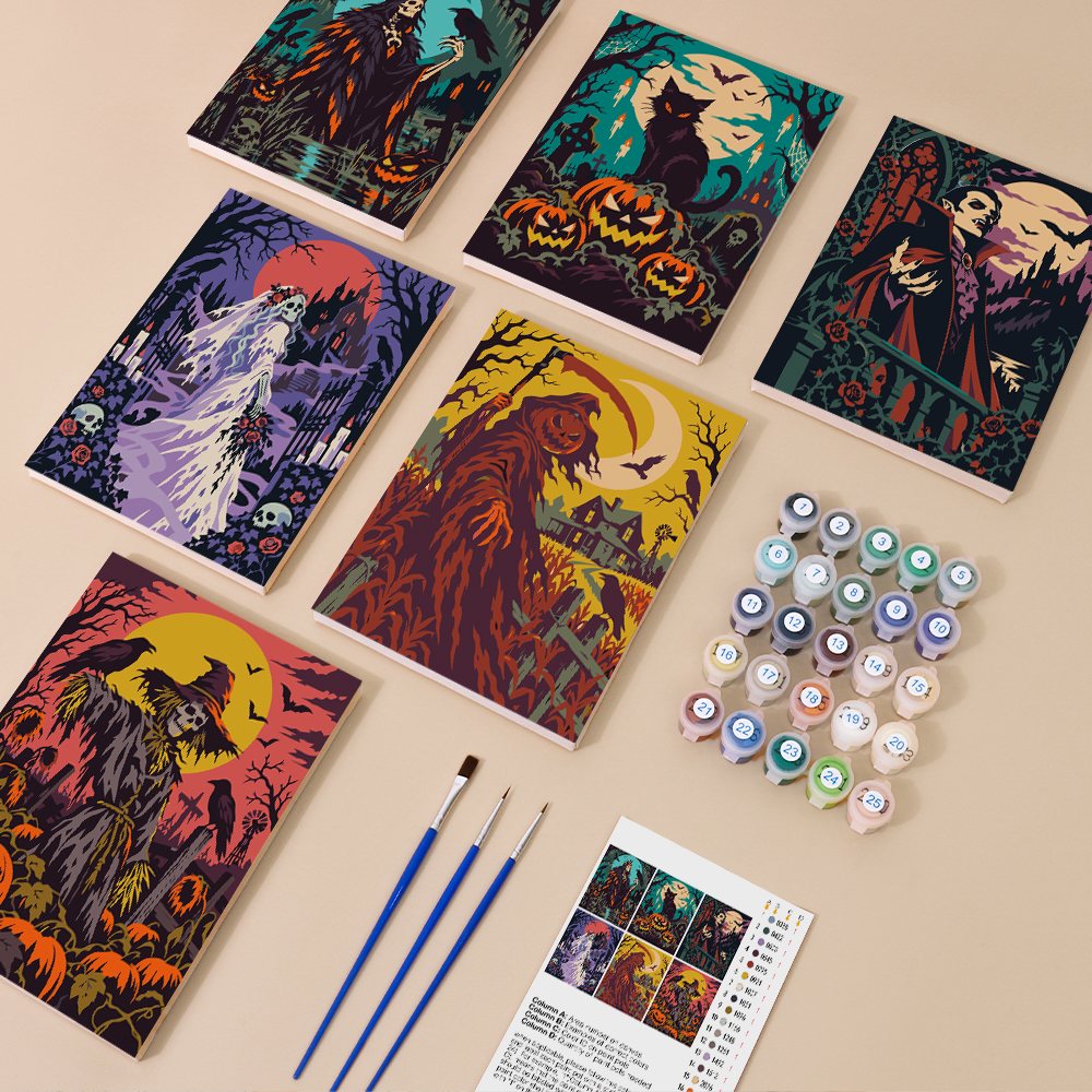 Cursed Fields kit contents with six numbered canvases, paints, brushes and reference sheet