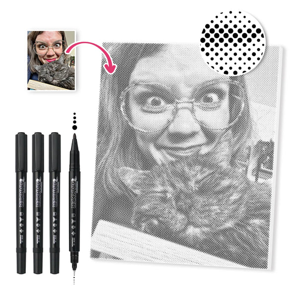 Custom dot painting kit showing a photo transformed into a dot pattern canvas with markers