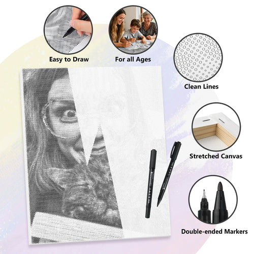 Custom dot painting kit features: easy to draw, for all ages, clean lines, stretched canvas, double-ended markers