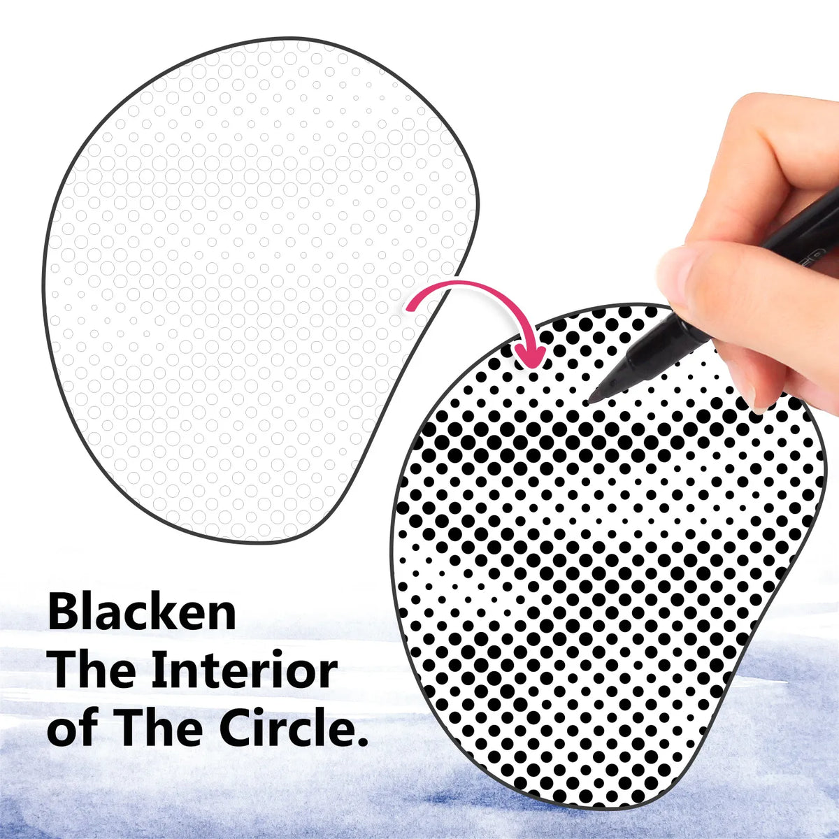 Instructions showing how to blacken the interior of each circle to complete the dot painting