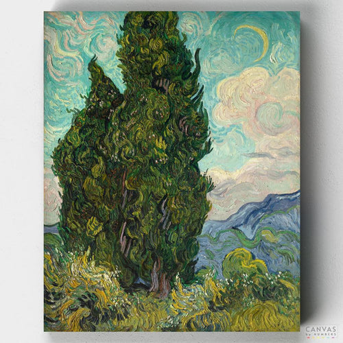 Cypresses. Craft your own rendition of 'Cypresses' with our paint by numbers kit, inspired by the genius of Vincent van Gogh.
