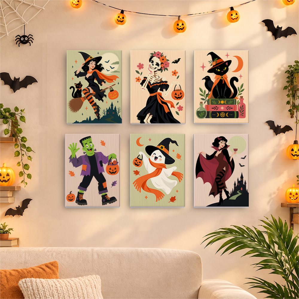 Dancing Till Midnight mini canvases displayed together in a cozy Halloween living room