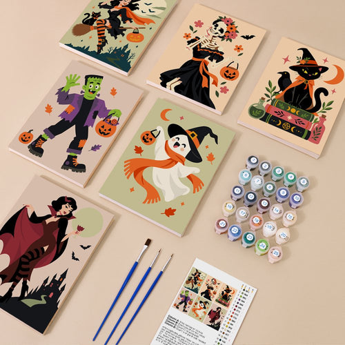 Dancing Till Midnight kit contents with six numbered canvases, paints, brushes and reference sheet