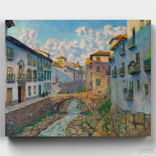 Darro River. Dive into the tranquil world of 'Darro River' with our paint by numbers kit, honoring the artistry of Dario de Regoyos.