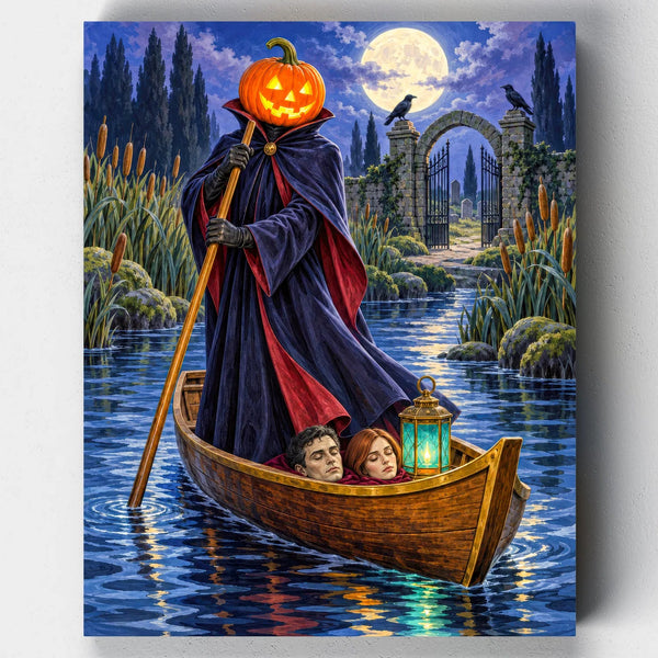 Date Night on the River Styx. A pumpkin-headed gondolier rows a sleeping couple across a moonlit marsh toward a cemetery gate in this Halloween paint by numbers kit.