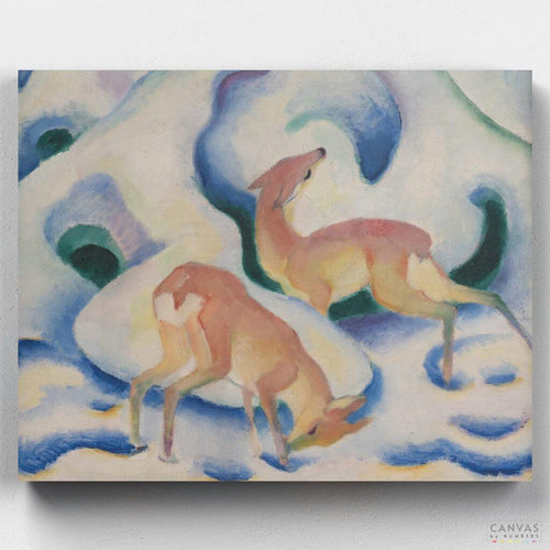 Deer in the Snow. Capture the winter's essence with our Deer in the Snow painting by Franz Marc - Paint by Numbers collection. Craft your deer canvas painting artwork today.