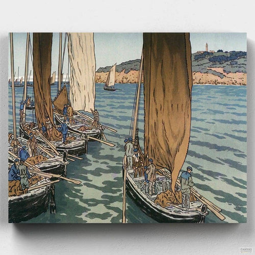 Departure of Boats in Tréboul. Enjoy this seascape paint by number scene influenced by Japanese artwork from the 19th century. Henri Rivière brings you this stunning piece at CBN.
