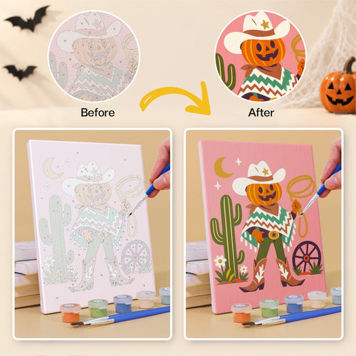Before and after painting a Desert Cowboy Spooks mini canvas
