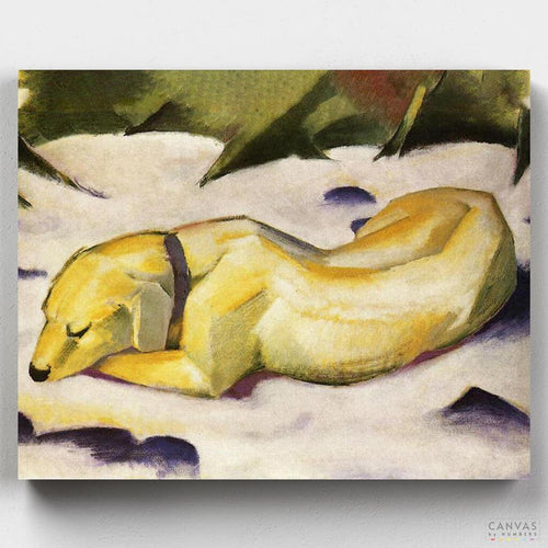 Dog Lying in the Snow. Recreate winter tranquility with our Dog Lying in the Snow paint-by-numbers kit, inspired by Franz Marc's Siberian Shepherd masterpiece - Canvas by Numbers.