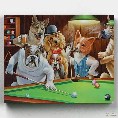 Dogs Playing Pool. Experience the nostalgia of Dogs Playing Pool Painting by Cassius Marcellus Coolidge with our paint by numbers kit. Easy canvas painting experience for all.