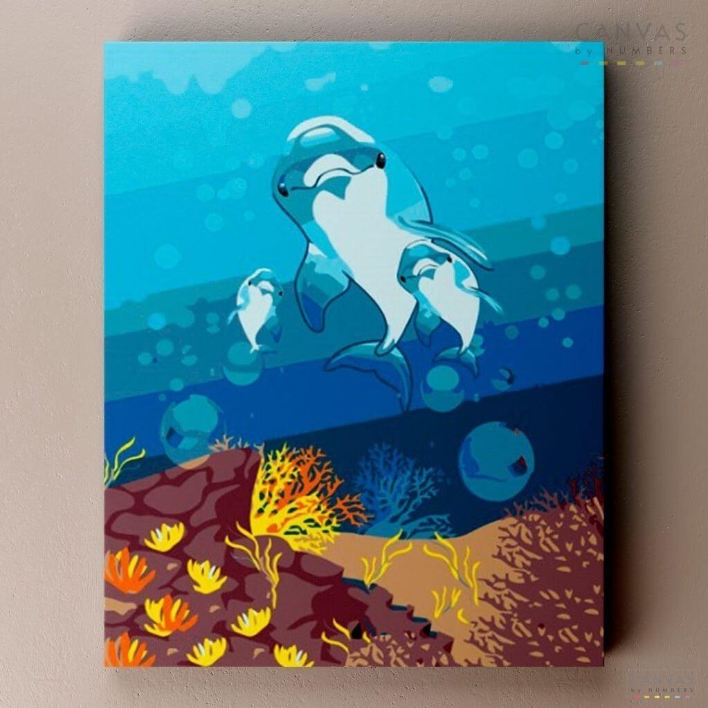 Dolphin Family - Paint by Numbers-Unleash young imaginations with our easy 'Dolphin Family' paint by numbers, a vibrant underwater cartoon adventure for kids!-Canvas by Numbers