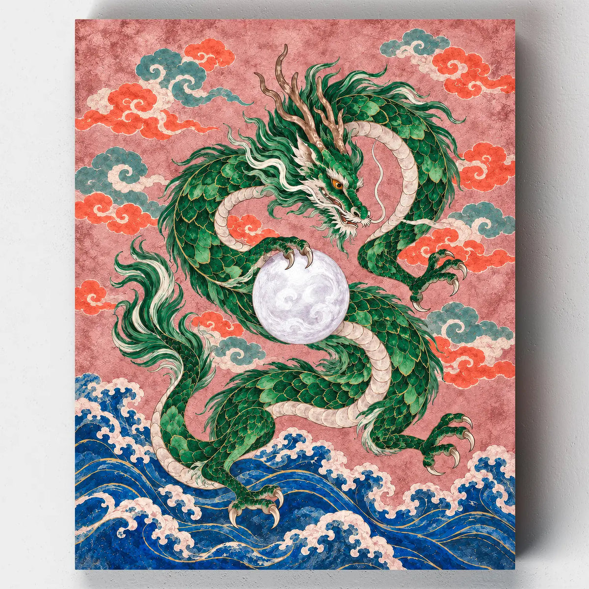 Dragon and the Pearl paint by numbers kit with a green dragon around a pearl above blue waves