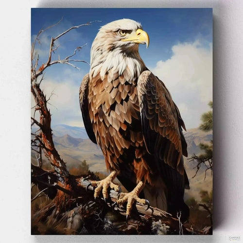 Eagle's Perch. Dive into the wilderness with 'Eagle's Perch', a Paint by Numbers kit. Create your personal rendition of a bald eagle, embodying strength and freedom in each stroke.