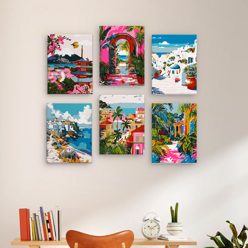 Colorful Escapes mini paint by numbers kit with acrylic paints and brushes included
