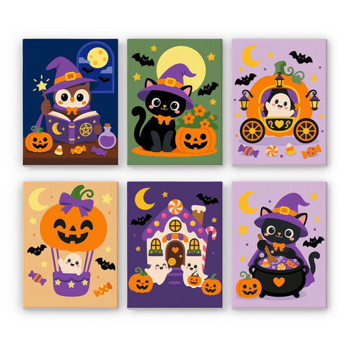 Enchanted Pumpkin Friends mini paint by numbers set showing all six Halloween designs