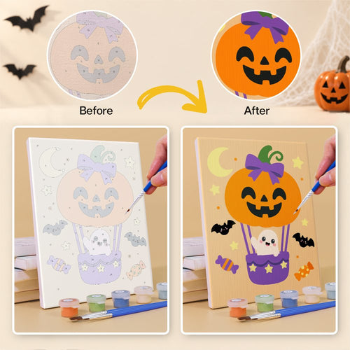 Before and after painting an Enchanted Pumpkin Friends mini canvas