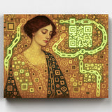 Artistic depiction of a woman with a QR code overlay on a patterned background