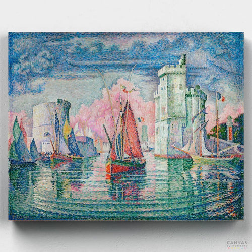 Entrance to the Port of La Rochelle. Discover the coastal allure of La Rochelle through our seascape paint by numbers inspired by Paul Signac's pointillist brilliance.
