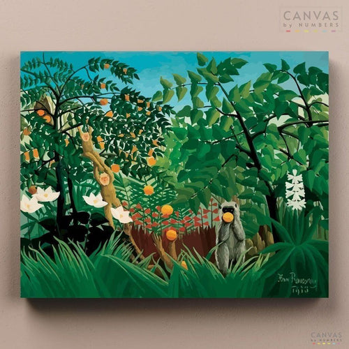Exotic Landscape. A Henri Rousseau's paint by numbers that illustrates a wildlife scene in the jungle of some monkeys grabbing fruits. Paint this classic at CBN today!