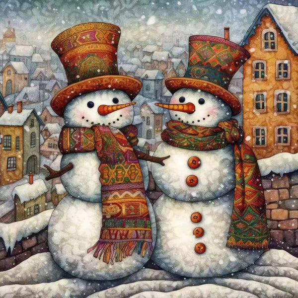A picture of two snowmen in a village to paint by diamonds