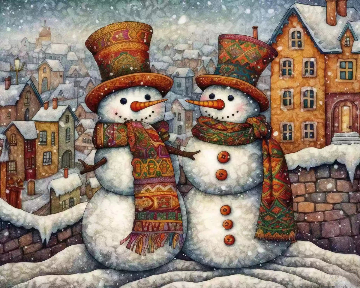 A picture of two snowmen in a village to paint by diamonds